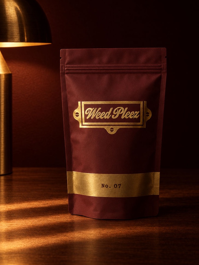 The Weed Pleez pouch with its brass band under the lamp (pack render, guide only)